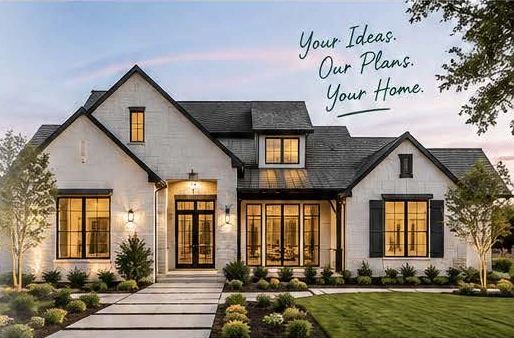 Custom white brick home at dusk. Your ideas. Our plans. Your home.