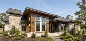 Contemporary custom home with stone and wood exterior